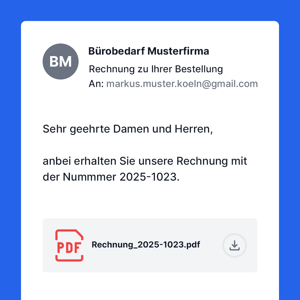 Info-Grafik: Es wird eine E-Mail mit einer PDF-Rechnung im Anhang gezeigt - als Beispiel für eine Geschäftsunterlage in digitaler Form, für die ebenfalls Aufbewahrungsfristen gelten
