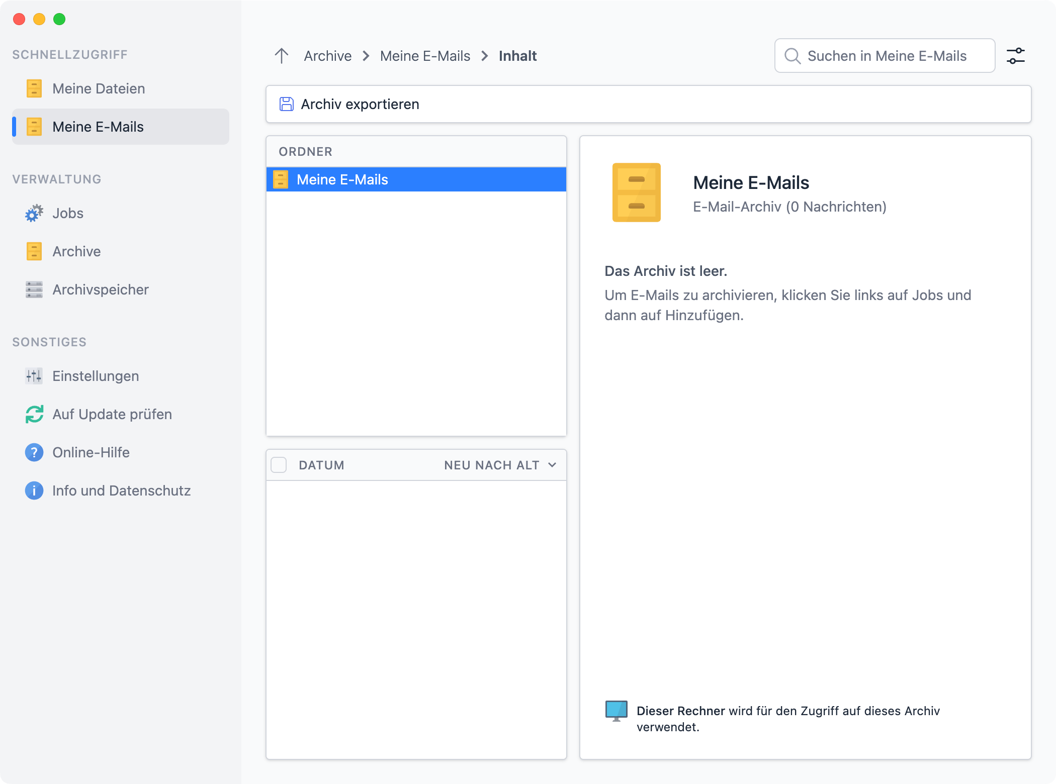 Nach der Installation unter Windows, macOS oder Linux werden automatisch ein E-Mail-Archiv und ein Dateiarchiv angelegt