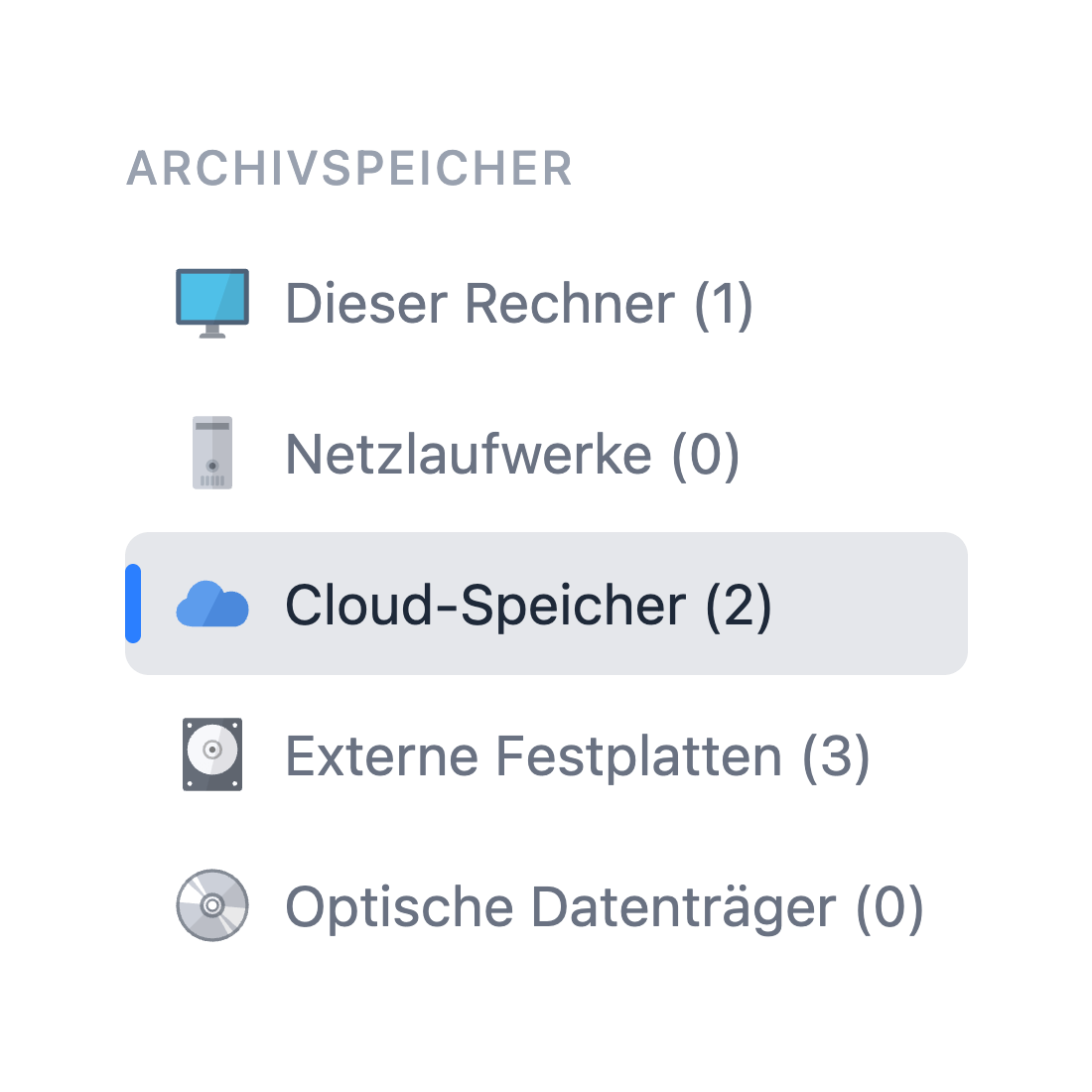 Kategorien von Archivspeichern wie Netzlaufwerke und Cloud-Speicher