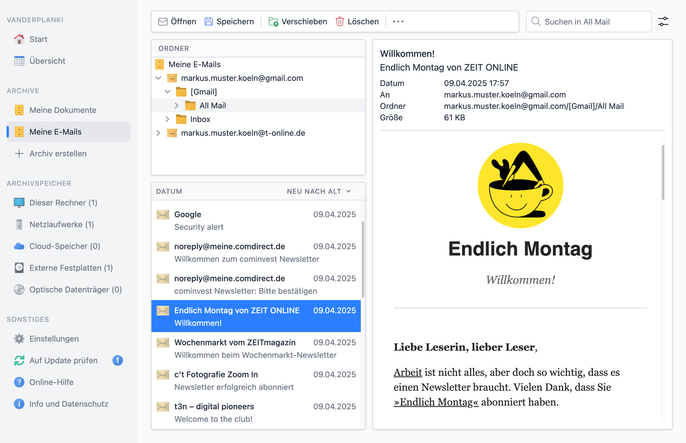 Screenshot: Die E-Mail-Archivierung Vanderplanki Desktop als Software für Windows, Mac und Linux