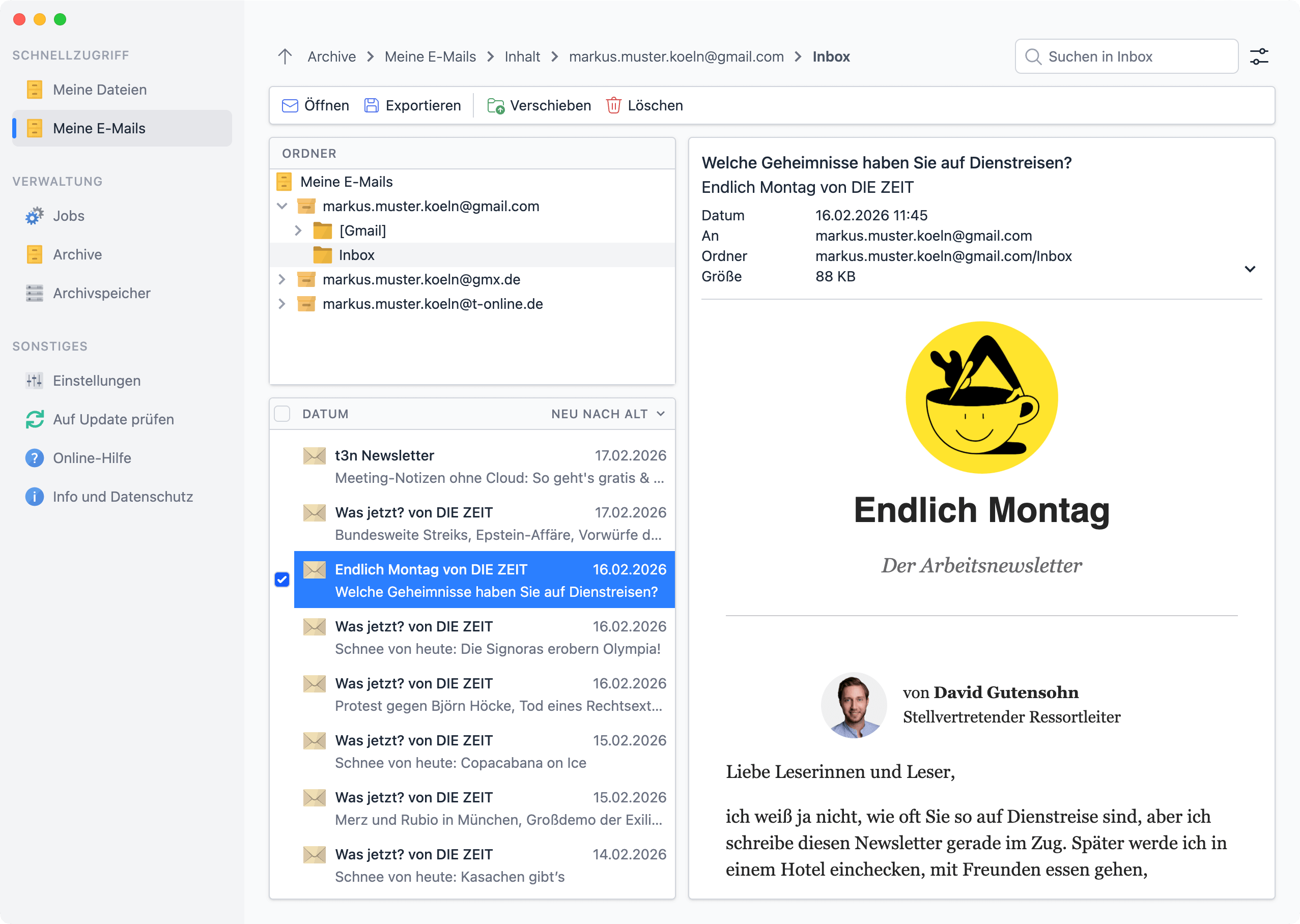 Vanderplanki Desktop: Software zur Archivierung von E-Mails und Dateien wie Dokumenten für Windows, macOS und Linux