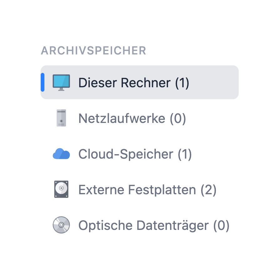 User Interface: Das Archiv kann auf unterschiedlichen Archivspeichern gleichzeitig angelegt werden